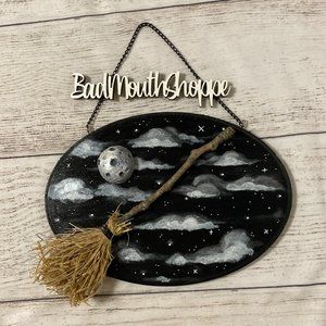 *Loucifer's Boutique Handmade Hand Painted Broomstick Moon in Silver Art Plaque